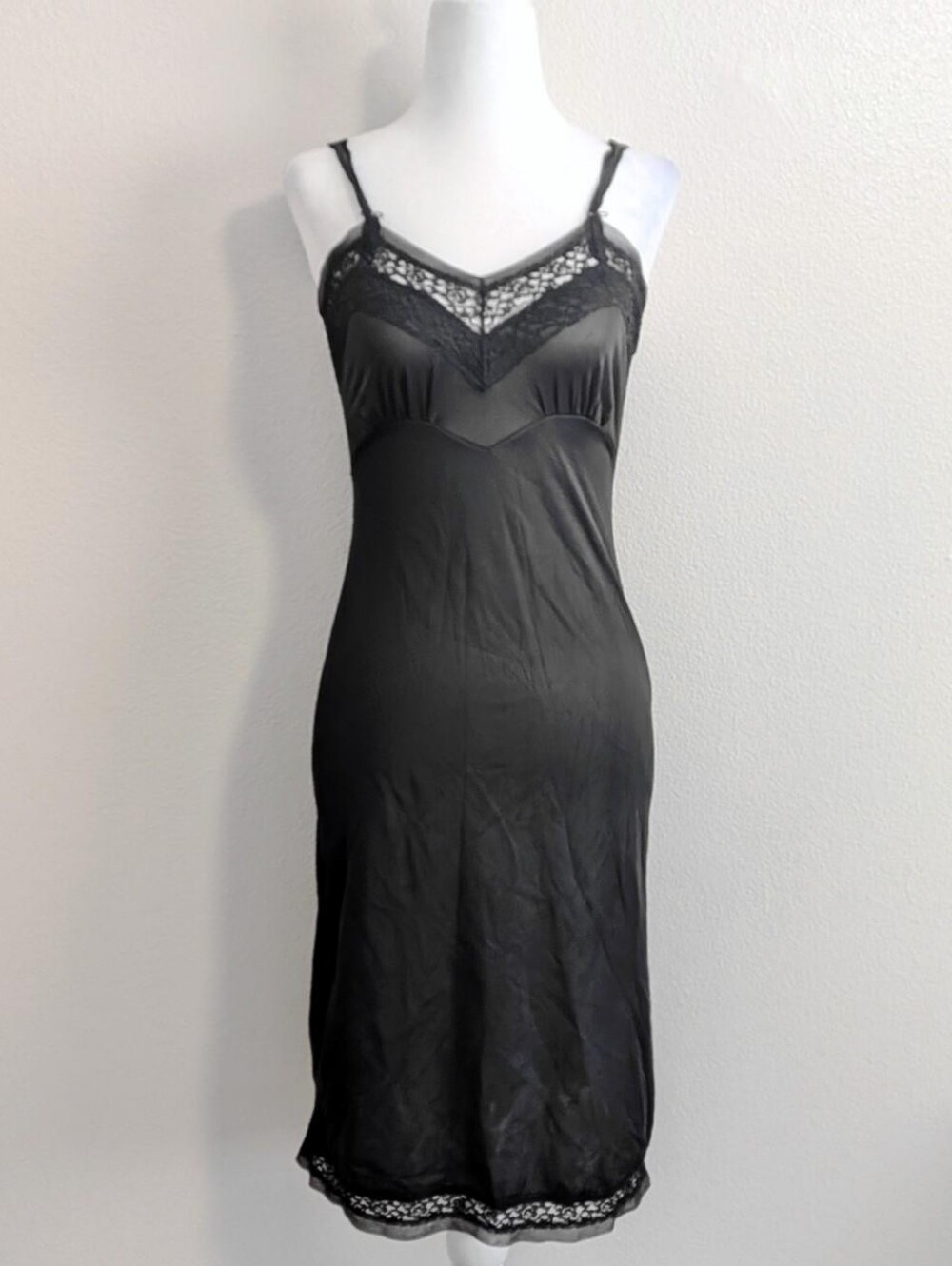 Vintage Black Gothic Lace Satin V-neck Nylon Slip Dress Coquette | Size XS